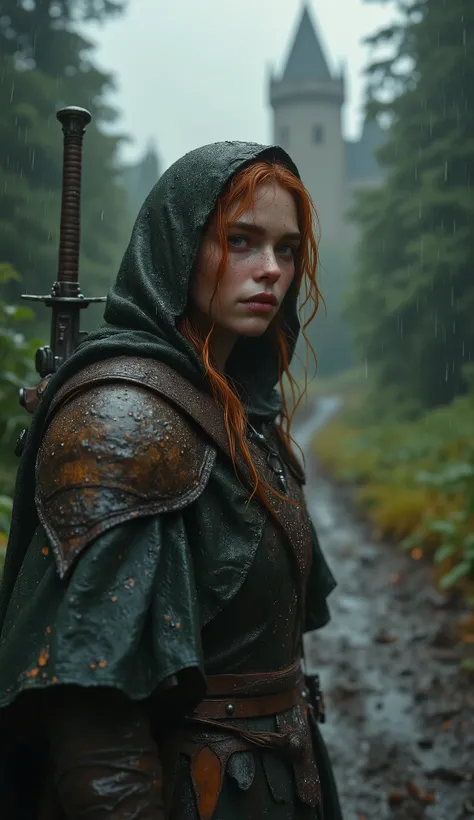 Photorealistic candid shot of a fierce young elven ranger woman walking toward the viewer along muddy forest road in heavy pouring rain, captured in dynamic three-quarter view from front-side angle like accidental paparazzi photo, (she is slightly turned t...