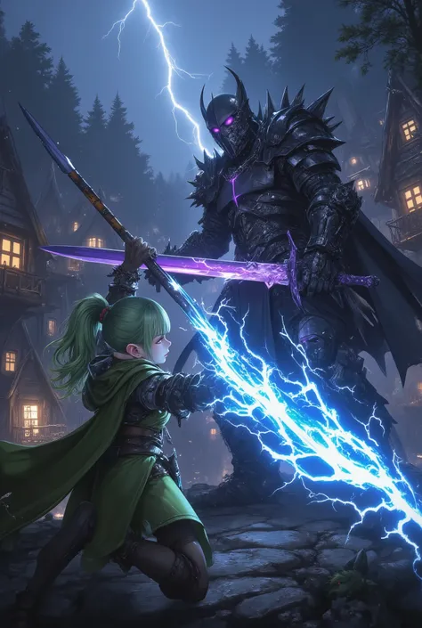 A dynamic fantasy battle scene in a stormy village at night.
A young female elf warrior with vibrant green hair in a high ponytail, orange eyes, pointy ears, and bangs, wearing green and brown adventurer's clothing with armor accents.
She wields a staff cr...