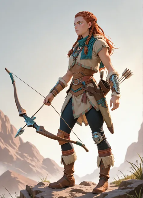 aly, long hair, multiple braids, freckles, hair ornament, scarf, top, fur trim, necklace, bracer, skirt, pants, single knee pad, boots,holding bow (weapon), bow (weapon), arrow (projectile), quiver,