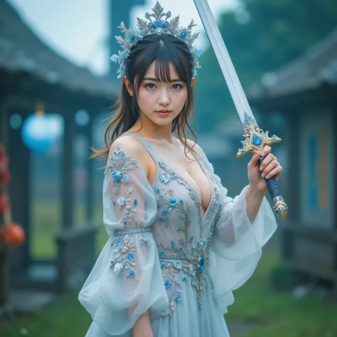 Japanese Top Idolのような美しい女勇者が、fighting against the weakest blue slime in the village square。She's wearing legendary hero equipment、wielding a sword at the little slime in a hopeless appearance。and the surrounding villagers are watching with a puzzled expres...