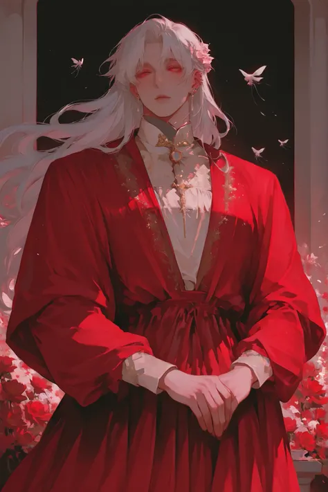  (Only a man) a chubby man, very long white hair flies gently,   Young man Beautiful Face , shirt,  beautiful male body,    soft skin ,  ruby eyes,  soft body    ,large pectoral muscles ,  Toned hips , ,  wearing an evening dress  , ballgown , red robe. te...