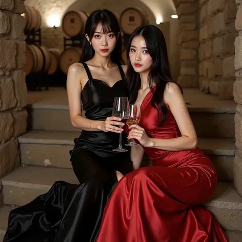 Japanese gravure idol sisters are sitting on the steps of an ancient wine cellar、My sister is wearing a black shiny evening dress、My sister is wearing a red silk dress、Long black hair flowing over the shoulders、enchanting eyes、Glowing Lips、slim and curvy、H...