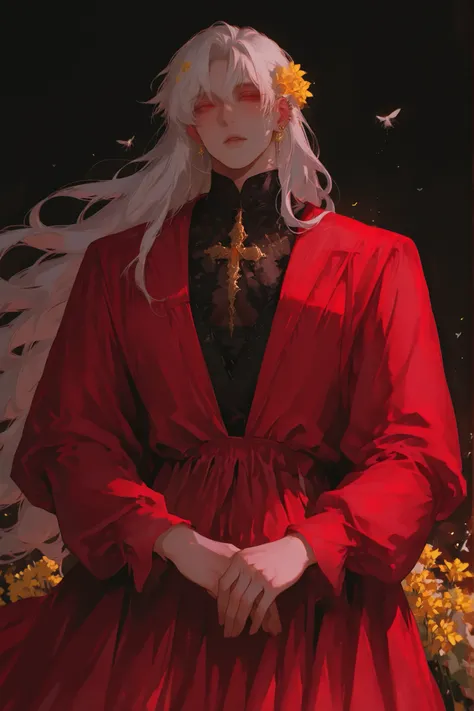  (Only a man) a chubby man, very long white hair flies gently,   Young man Beautiful Face , shirt,  beautiful male body,    soft skin ,  ruby eyes,  soft body    ,large pectoral muscles ,  Toned hips , ,  wearing an evening dress  , ballgown , red robe +  ...