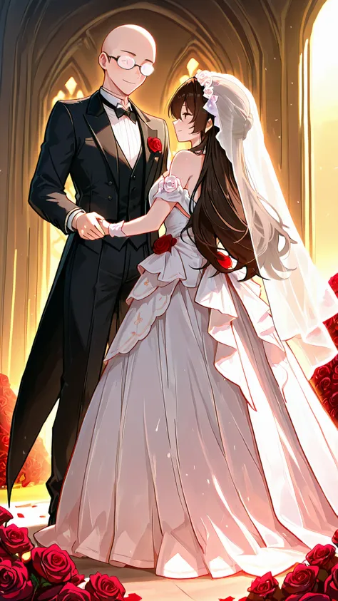 "A pair of brides are holding hands in the vast rose garden, against a background filled with red roses, putih, dan pink. Pengantin pria (wearing clear lens glasses, bingkai warna hitam, bald 1 cm) wearing an elegant black tuxedo, while the bride (A young ...