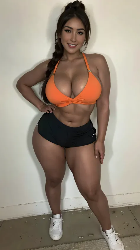 Negra tanned, adjust, voluptuous, curve,  Big breasts ,  super thick and muscular legs , lucy pinder,  brown hair tied , sunglasses, Wear short Demin shorts , tight and torn ,  bright colored top , to smile,  full body ,  leaning against a wall tangling in...