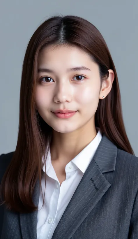 Passport photo of a neat young woman、facing directly、camera list、office lady suit、jacket、shirt、、、ear piercings、前髪あり、、、無表情、、、has closed its mouth、face close-up、grey background