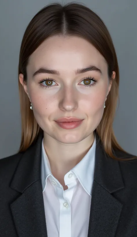 Passport photo of a neat young woman、facing directly、camera list、office lady suit、jacket、shirt、、、ear piercings、前髪あり、髪型ショートボブ、、無表情、、、has closed its mouth、face close-up、grey background
