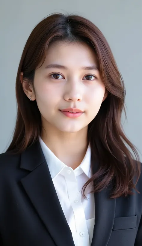 Passport photo of a neat young woman、facing directly、camera list、office lady suit、jacket、shirt、、、ear piercings、前髪あり、髪型ショートボブ、、無表情、、、has closed its mouth、face close-up、grey background