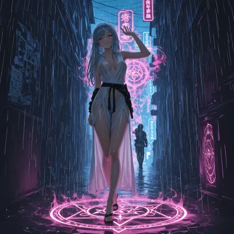 3DMM,cute face,This RPG boss fight scene, set in a dark back alley at night illuminated by a magic circle, is a classic RPG combat interface、A woman in the rain is prepared for battle、see-through uniform、wet hair、Battle Pose、seductive expression、mysterious...