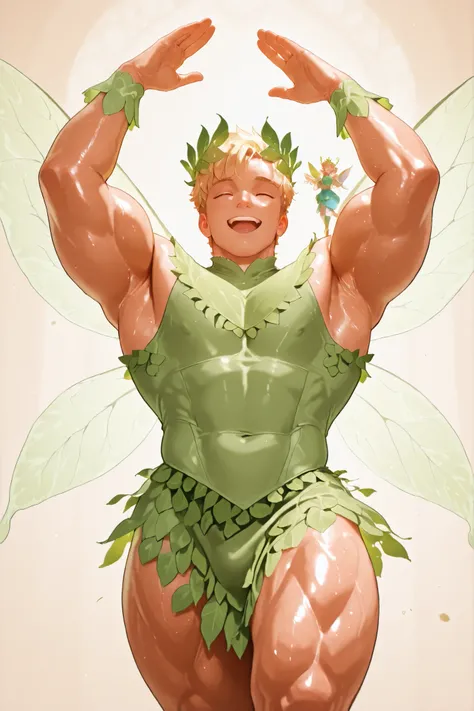 a muscular fairy man, 1man, male fairy, green leafs top, green leaf crown, blond hair, short hair, fairy wings solid color, happy, dancing, simple background, high quality, detailed facial features, elegant posture, joyful expression, 5K, masterpiece, cine...