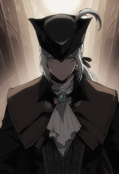 Lady Maria of the Astral Clocktower, White hair, grey eyes, tricorne, gloves, hat feather, ascot, ponytail, cape, perspective, upperbody only, empty eyes, no emotions, looking at viewer