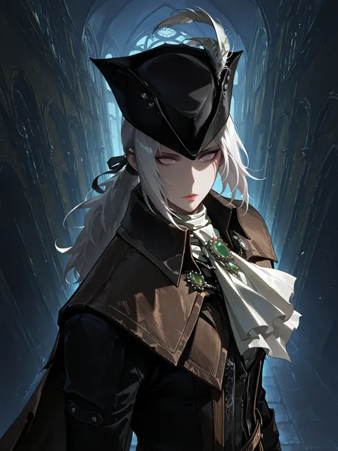 Lady Maria of the Astral Clocktower, White hair, grey eyes, tricorne, gloves, hat feather, ascot, ponytail, cape, perspective, upperbody only, empty eyes, no emotions, looking at viewer