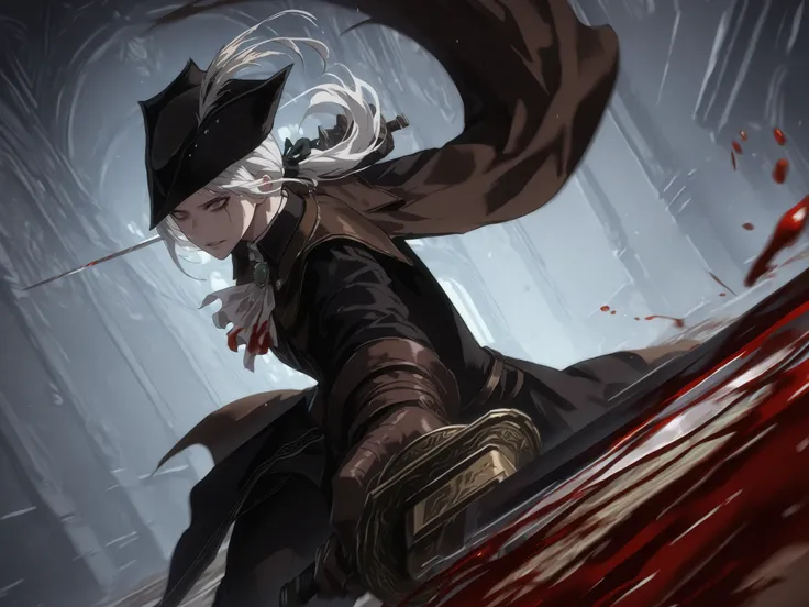 Lady Maria of the Astral Clocktower, White hair, grey eyes, tricorne, hat feather, gloves, ascot, ponytail, cape, empty eyes, no emotions, scary, extremly detailed, Perspective, a fighting stance with two swords, speed line, motion blurr, Dynamic pose, dut...