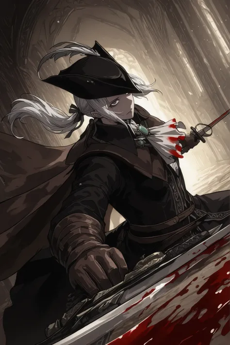 Lady Maria of the Astral Clocktower, White hair, grey eyes, tricorne, hat feather, gloves, ascot, ponytail, cape, empty eyes, no emotions, scary, extremly detailed, Perspective, a fighting stance with two swords, Dynamic pose, dutch angle, two swords, figh...