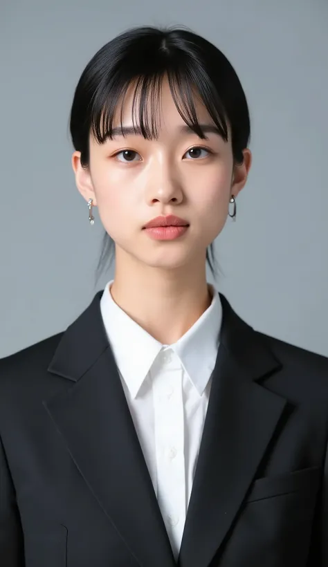 Passport photo of a neat young woman、facing directly、camera list、office lady suit、jacket、shirt、、、ear piercings、前髪あり、、、無表情、、、has closed its mouth、face close-up、grey background

