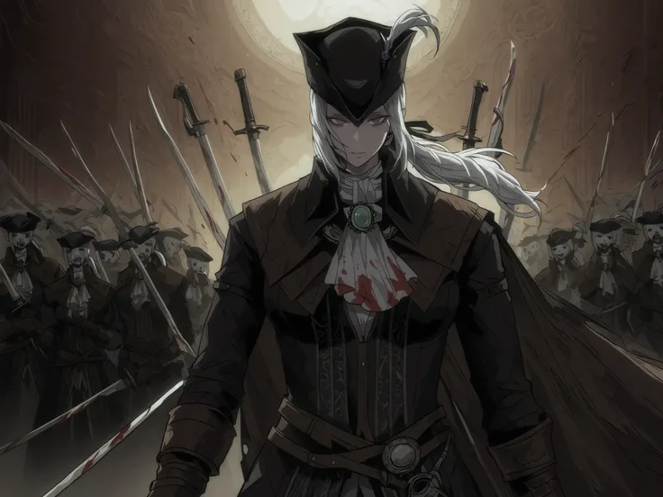 Lady Maria of the Astral Clocktower, alone, White hair, grey eyes, tricorne, hat feather, gloves, ascot, ponytail, cape, empty eyes, no emotions, scary, extremly detailed, two swords, two swords, a threatening look with her swords spread out by her side, w...
