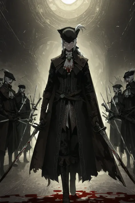 Lady Maria of the Astral Clocktower, alone, White hair, grey eyes, tricorne, hat feather, gloves, ascot, ponytail, cape, empty eyes, no emotions, scary, extremly detailed, two swords, two swords, a threatening look with her swords spread out by her side, w...