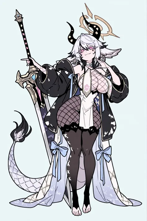   8k wallpaper、    top quality 、masterpiece,   748cm スThailandル   、sexy black bralette dress with fishnet top beneath,   woman 1 person、ribbon、piercings and earrings on her ears,  pointy elf ears, black ripped pelvic curtain dress、 cute black oversized coa...