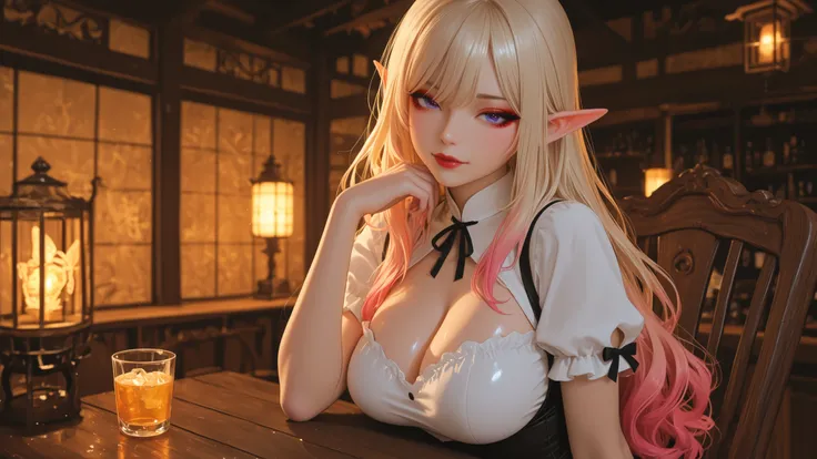 solo , super realistic skin,  shiny skin , Wonderful Fairy Wine Bar、Beautiful Elf、long pointed ears、seductive eyes silver shimmer looking straight ahead with sexy eyes ,black eyeliner and red eyeshadow, sexy red lips, juicy pink lips slightly open , round ...