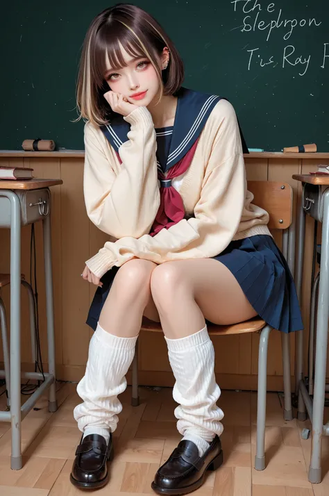 ((inspired by )),,(masterpiece, best quality),beautiful-woman, ((detailed face)),((detailed body)),(full body:1.3).,
,
,
1-woman,
The woman is wearing school uniform and loose socks, (loose socks:1.5), she is wearing a navy sailor-school-uniform with a ...