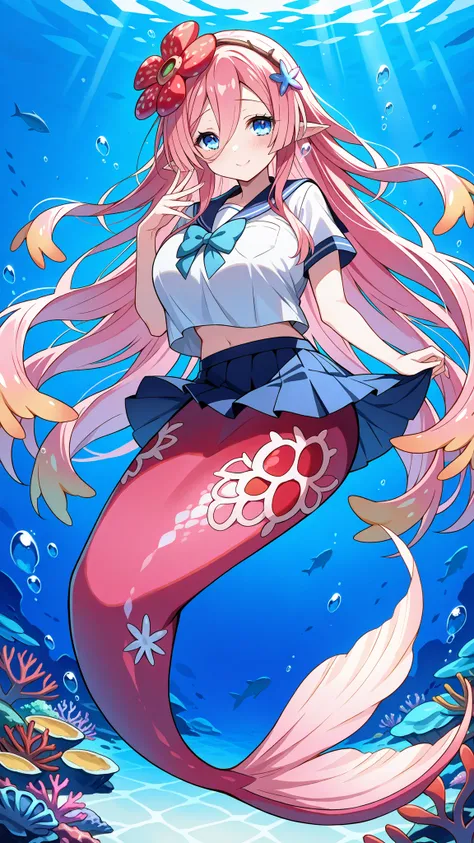 (Fraction_9:0.9),Fraction_8_Up,Fraction_7_Up,grade,(zPDXL3),(   masterpiece),  (Best Quality ),(All five fingers ),A Girl,alone,traptrix_rafflesia,PINK HAIR,Rawang flower hair ornament ,Long hair ,blue eyes, Japanese school uniform, skirt,Big breasts,Big b...