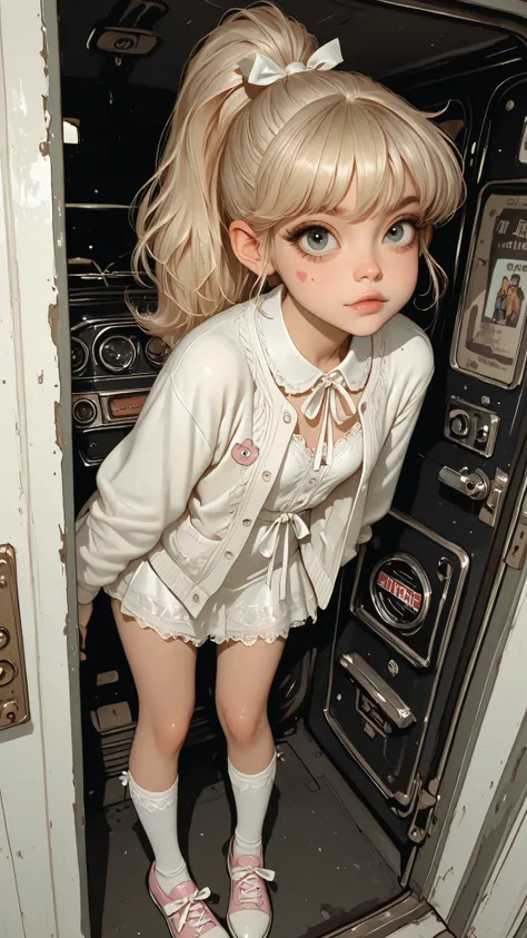 3DMM, by Tsukushi Akihito, cute face, morimee_style. The girl is seen from behind in a 3/4 angle, slightly leaning forward while checking the open engine of a classic European convertible. Adult blonde woman doing cosplay inspired by Olivia Newton-John’s i...