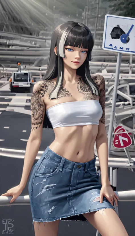 ((RAW Photo), Absurdities, (Absurd Resolution)), ((Hyperrealism, Photorealism)), (Maximum Quality, 16k, Masterpiece, Ultra Detailed) (beautiful girl, 21 years old), (blue eyes), (hime cut, straight, ironed, bangs, white with platinum highlights), (slender ...