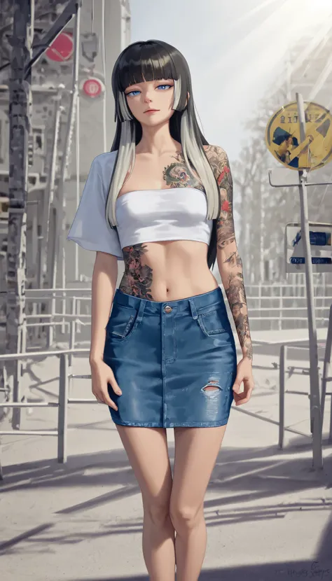 ((RAW Photo), Absurdities, (Absurd Resolution)), ((Hyperrealism, Photorealism)), (Maximum Quality, 16k, Masterpiece, Ultra Detailed) (beautiful girl, 21 years old), (blue eyes), (hime cut, straight, ironed, bangs, white with platinum highlights), (slender ...