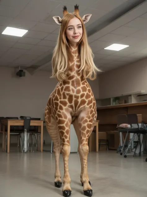 masterpiece, High Quality, high resolution hairstyle, hyperrealistic photograph, Majestic female anthropomorphic giraffe, hybrid creature standing on the ground on its four legs, anatomy of a humanized giraffe in an elegant posture, beautiful female face d...