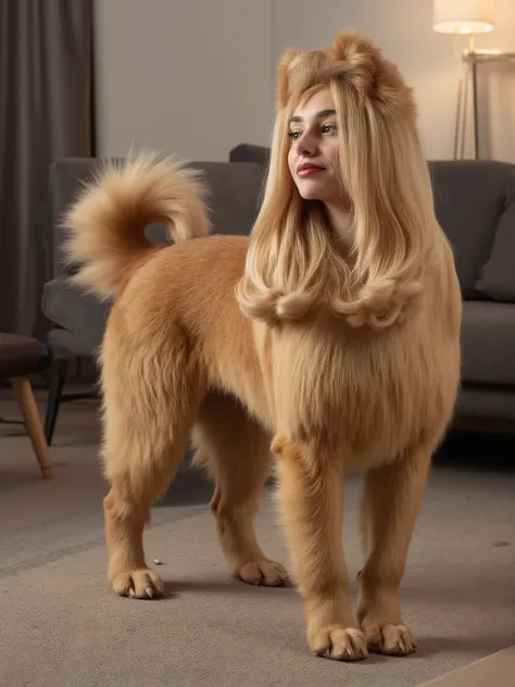 (masterpiece, High Quality, high resolution hairstyle, hyperrealistic photograph), Majestic female anthropomorphic dog, hybrid creature standing on the ground on its four legs, humanized canine anatomy in an elegant posture, beautiful female face delicate ...