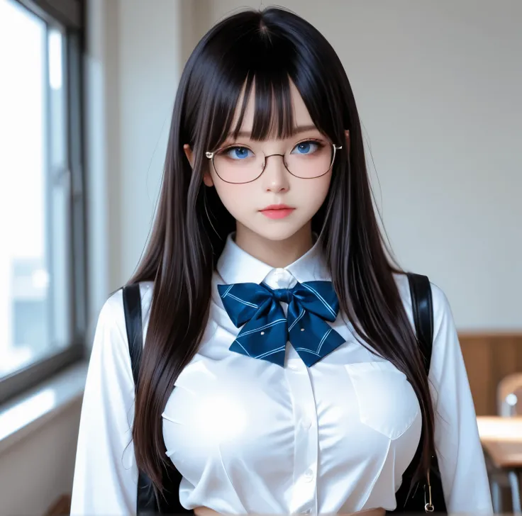large breasts, 8K quality, portrait photography, One Beautiful Girl in School Uniform, (She is characterized by her beautiful blue eyes:1.2), dark haired, Thin waist, Glasses, Breasts So Big That Her Clothes Are Tight, She is characterized by her beautiful...