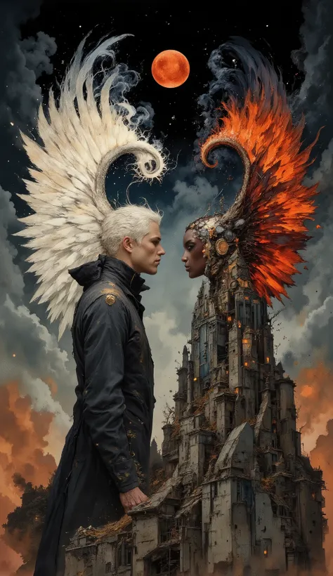 >(background: ink splatter, cubism-gothic), a surreal ancient dreamscape. VIVID dream-like depth.  layered illustration,  horror pin up pulp).(ultra hyperdetailed, max details:1.3), (atmospheric sense of depth:1.2), (hyperdetailed textures, extremely detai...