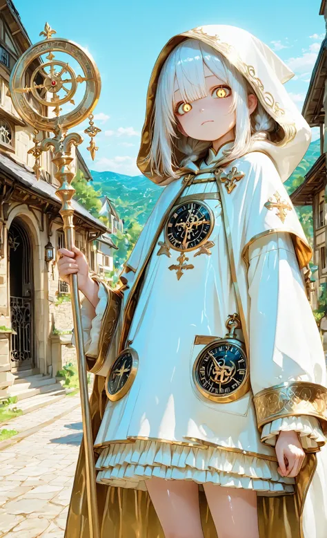 High Resolution, 8K Wallpaper, top quality, 1girl, Beginner village boss, Eternal village guardian, (detailed eyes:1.2), (sharp eye:1.1), Ancient golden eyes with clock-patterned pupils, (smooth skin:1.1), (glossy skin:1.2), A delicately patterned face of ...