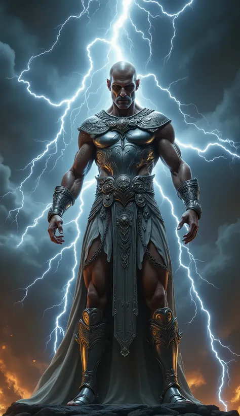 General,highres, ultra-detailed, best quality, Zeus, lightning background, shining silver amor, skinny, bald hair, imperial moustache, sandal