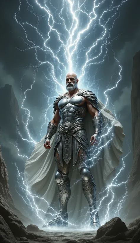 General,highres, ultra-detailed, best quality, Zeus, lightning background, shining silver amor, skinny, bald hair, moustache, sandal