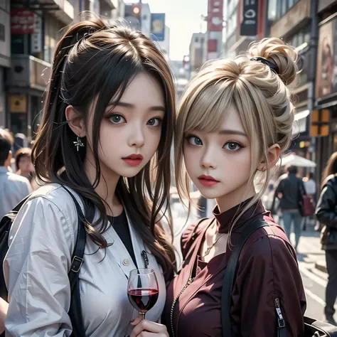 masterpiece、top quality、Realistic,8k,{2girls,Blonde、dark haired、wine}}、