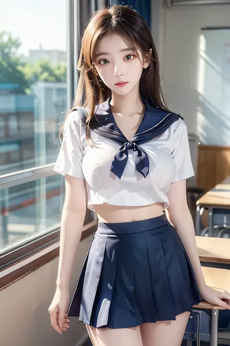 ( Super High Definition), (I'm looking over here), (sailor suit, flared skirt), (Big Breasts:1.2), (Slimness:1.8), ( Read more:1.4), (thin thighs:1.4), ( thin hips:1.6), ( beautiful skin, shiny skin, white skin), (Super slim face, Super beautiful face, m...