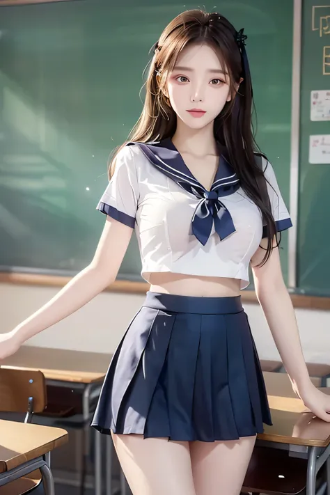 ( Super High Definition), (I'm looking over here), (sailor suit, flared skirt), (Big Breasts:1.2), (Slimness:1.8), ( Read more:1.4), (thin thighs:1.4), ( thin hips:1.6), ( beautiful skin, shiny skin, white skin), (Super slim face, Super beautiful face, m...