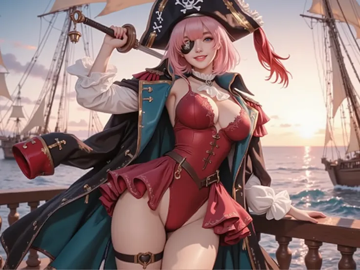 "A vibrant anime-style illustration of a female pirate captain on the deck of a pirate ship at sunset. She has short pink hair, a confident smile, and wears an eye patch. She's dressed in a stylish pirate outfit featuring a red bodysuit, a dark blue and bl...