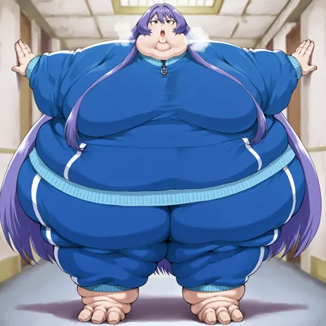 teltina-default,yellow eyes,purple hair,very long hair,sidelocks, <lora:Violet_Beaurgarde_Tracksuit_Pony:1> blue tracksuit , track jacket , blue pants, fat, chubby, obese, fat neck, multiple chins, big breasts open mouth, out of breath, Larger female, full...