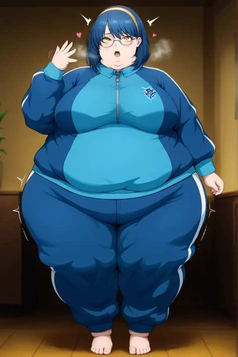 (masterpiece, ultra high definition, 16k, intricate), sharp focus, crisp details,
1girl, solo,
curvy, breasts, wide hips, female_orgasm, heart_shapes, twitching,
Umin, full body, medium hair, blue hair, bangs, yellow eyes, yellow hairband, round eyewear, g...