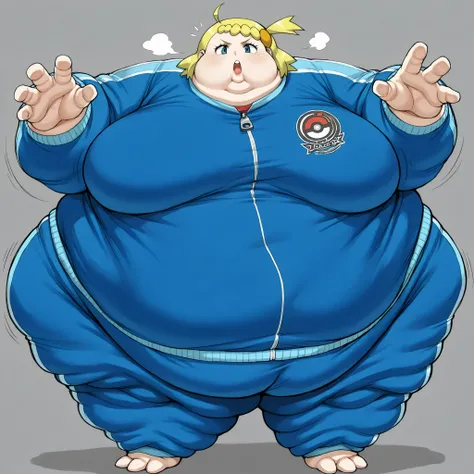 zzBonnie, bonnie_(pokemon), blue eyes, ahoge, blonde hair, hair ornament, short hair, side ponytail, <lora:Violet_Beaurgarde_Tracksuit_Pony:1> blue tracksuit , track jacket , blue pants, fat, chubby, obese, fat neck, multiple chins, big breasts open mouth,...