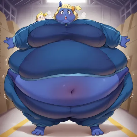 zzBonnie, bonnie_(pokemon), blue eyes, ahoge, blonde hair, hair ornament, short hair, side ponytail, <lora:Violet_Beaurgarde_Tracksuit_Pony:1> blue tracksuit , track jacket , blue pants, fat, chubby, obese, fat neck, multiple chins, big breasts open mouth,...