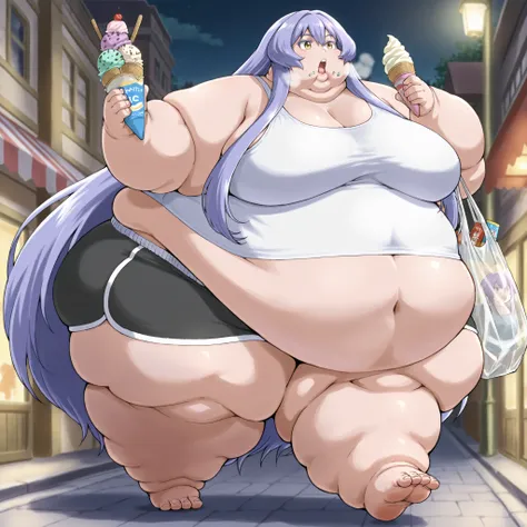 teltina-default,yellow eyes,purple hair,very long hair,sidelocks,large breasts, tank top, midriff, dolphin shorts, walking, outside, night, eating ice cream, holding bags of food and snacks, fat, chubby, obese, fat neck, multiple chins, big breasts open mo...