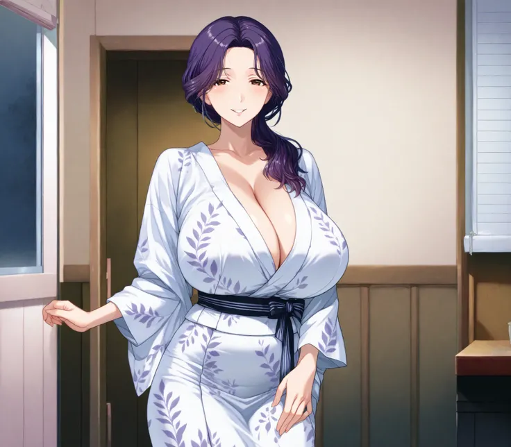 Miyuri, 1girl, huge breasts, (purple hair:1.5), white yukata, home background, brown eyes, (MILF:1.3), slim waist, (smiling:1.2), standing