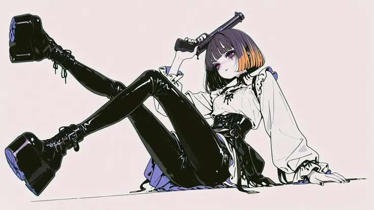 ((high angle)) Pale skin goth girl, bicolor hair bob cut, gothic makeup, white blouse, black latex pants , platform boots, very long and stylized legs, dynamic pose, Aim with a gun that holds his hand. textured white background.刀、タンクトップ、ゴシックローファー