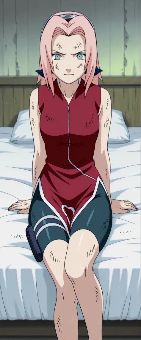 Haruno Sakura,1girl ,official,,bike shorts ,Fearful Expression, soft thighs, On bed