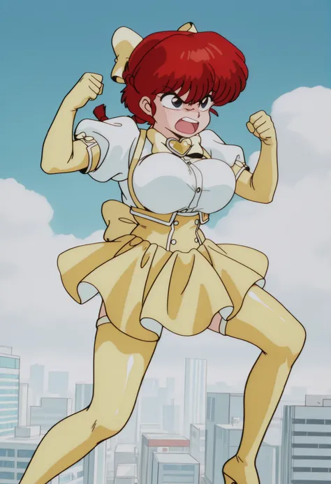 1 girl, ranma saotome, red hair, Hair with a braid, blue eyes, big breasts, NSFW, angry expression, angry, al aire libre, Japanese city, blue sky with white clouds, Ojos detallados, detailed breasts, sexy waist,  sexy hips, cosplay, Mahou Shoujo ni Akogare...