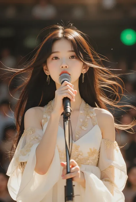 (masterpieces, top quality underneath:1.2), cowboy shot, alone, 1girl, Pure and beautiful Korean, Singing while holding a stand microphone, Long black hair blew in the wind, Sheer white sleeveless dress with gold embroidery, Female vocalist of the band, S...