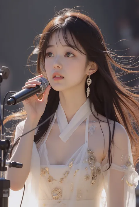 (masterpieces, top quality underneath:1.2), cowboy shot, alone, 1girl, Pure and beautiful Korean, Singing while holding a stand microphone, Long black hair blew in the wind, Sheer white sleeveless dress with gold embroidery, Female vocalist of the band, S...